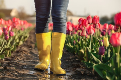 Photo of Woman in rubber boots walking across field with beautiful tulips after rain, closeup