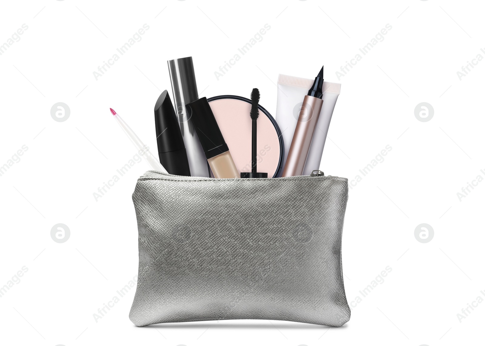 Image of Cosmetic bag filled with makeup products on white background