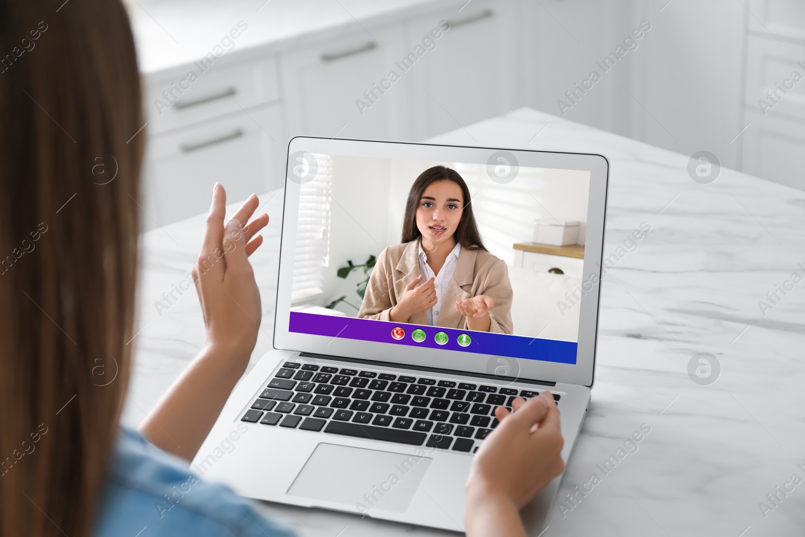 Image of Coworkers working together online. Woman using video chat on laptop, closeup