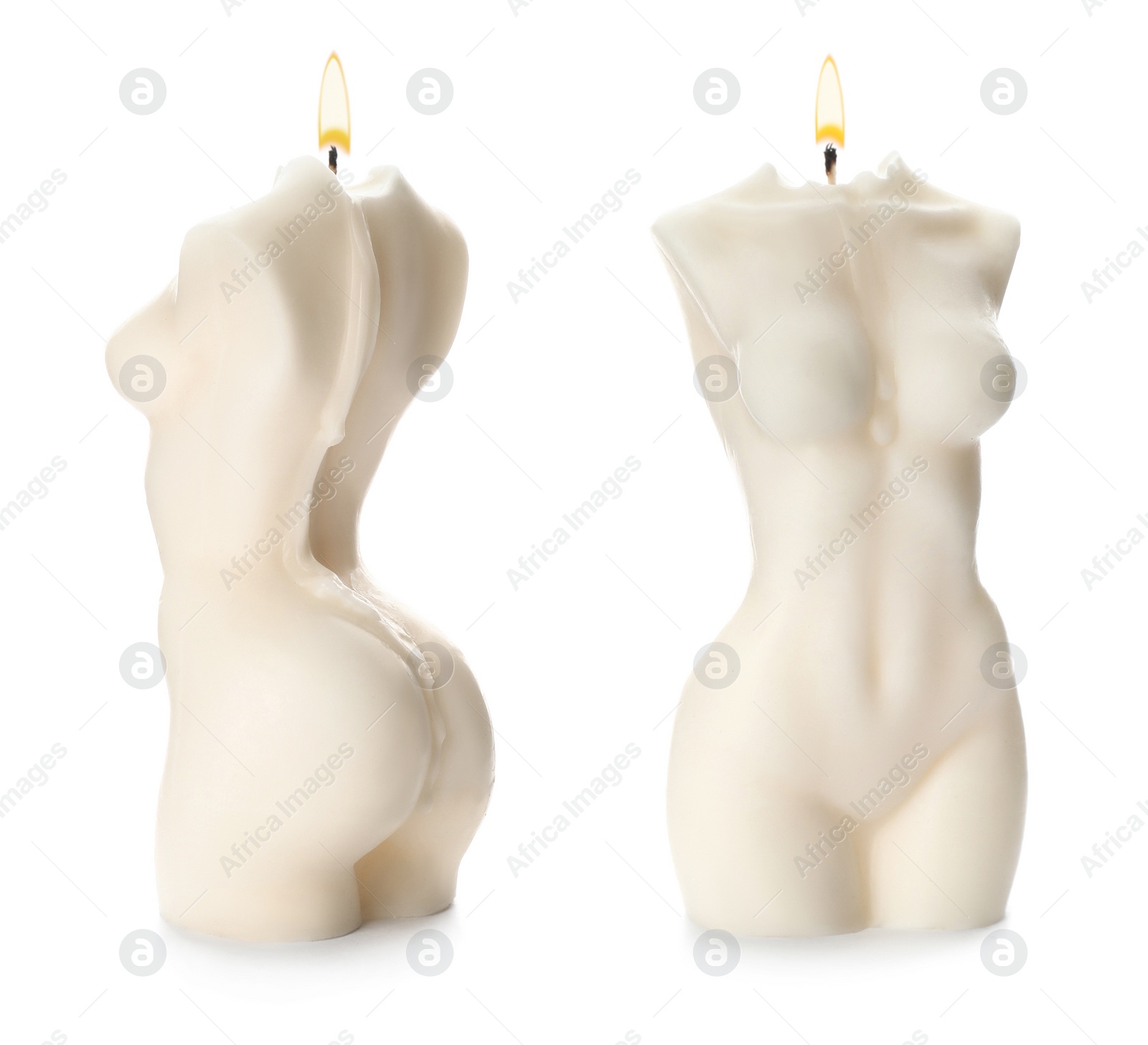 Image of Beautiful female body shaped candle on white background, collage