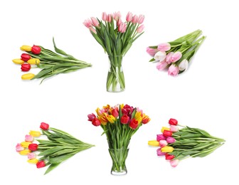 Image of Beautiful bouquets of tulip flowers isolated on white, set