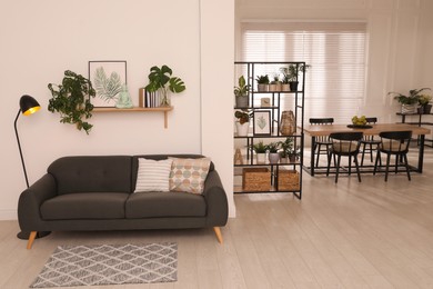 Photo of Modern living room interior with comfortable sofa and beautiful plants