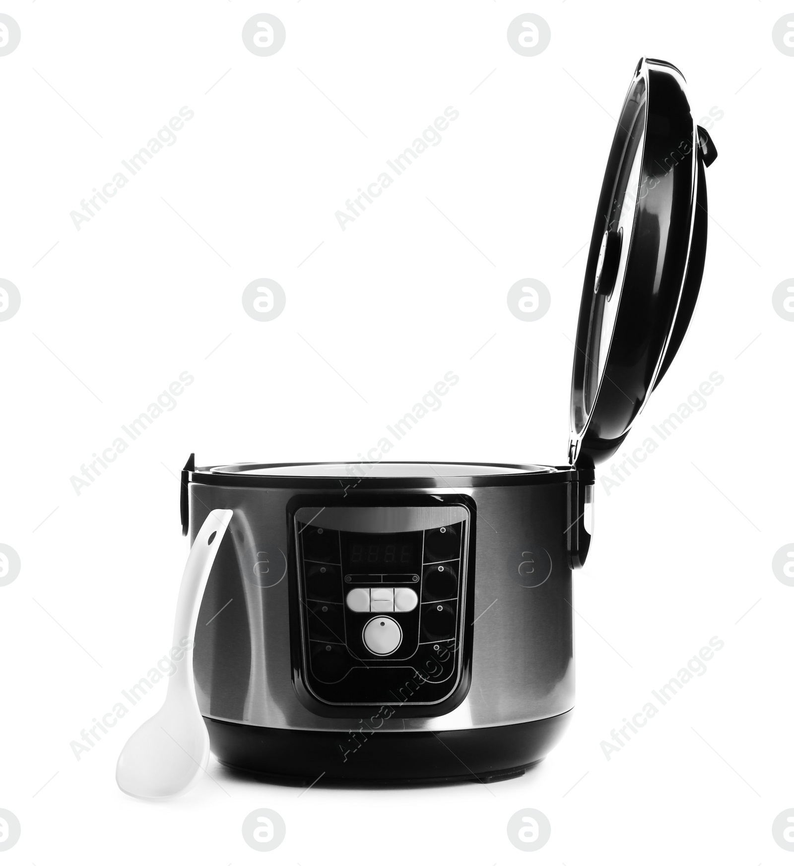 Photo of New modern multi cooker with ladle on white background