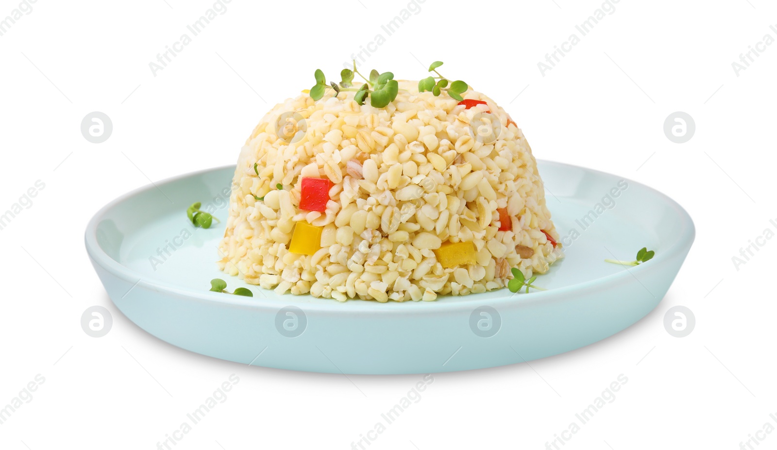 Photo of Delicious bulgur with vegetables and microgreens isolated on white