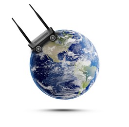 Image of Fast internet connection. Wi-Fi router with wheels riding on white background