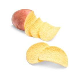 Raw potato and tasty chips on white background