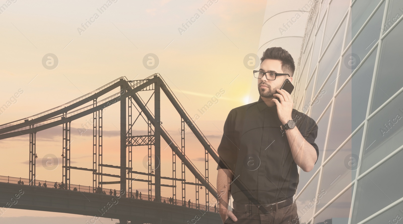 Image of Multiple exposure of businessman with smartphone and cityscape