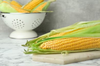 Photo of Fresh corncobs with green husks on grey table, closeup. Space for text