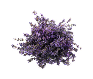 Beautiful fresh lavender bouquet isolated on white, top view