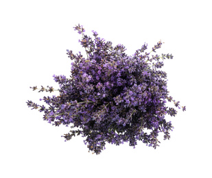 Photo of Beautiful fresh lavender bouquet isolated on white, top view