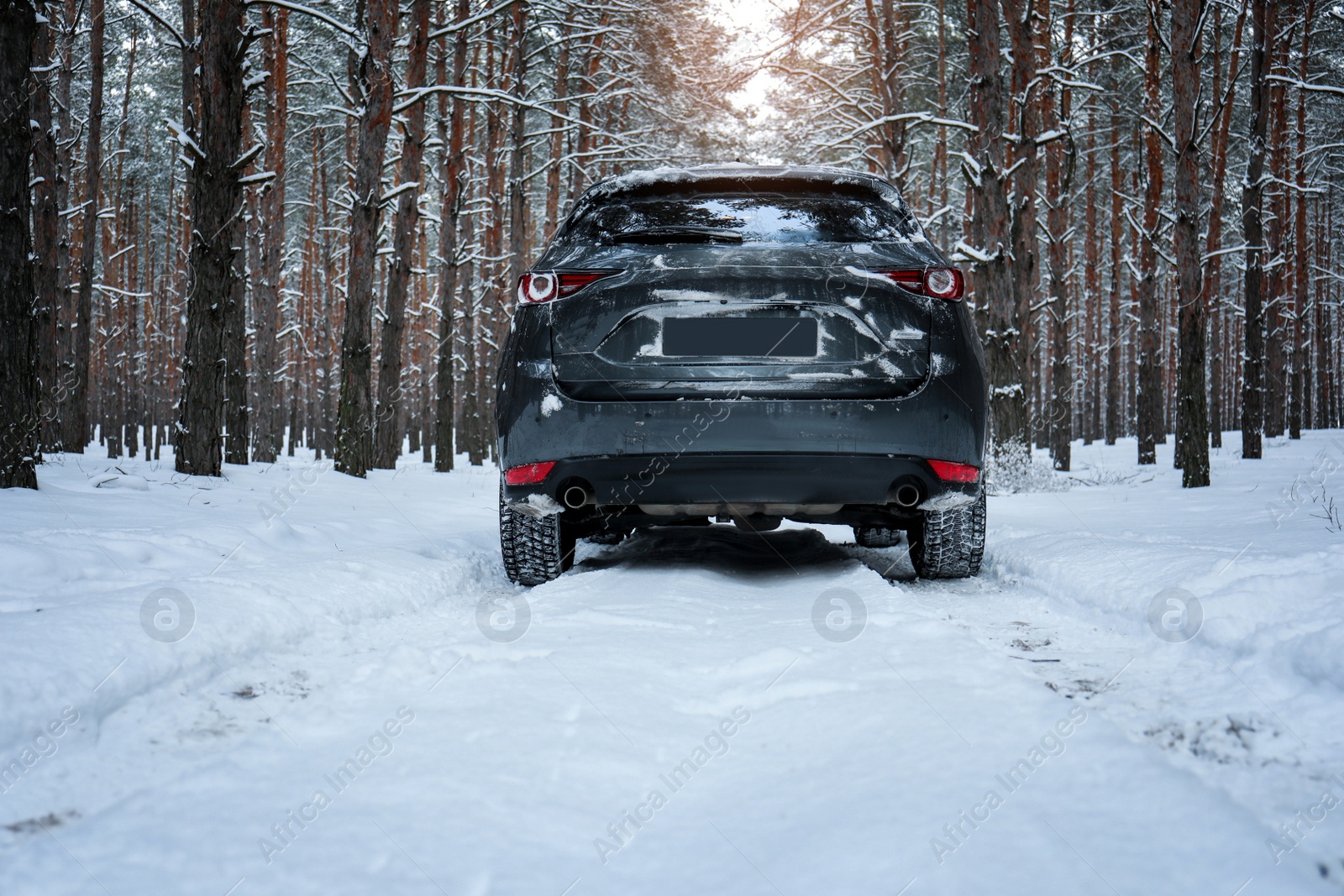 Photo of Snowy country road with car on winter day