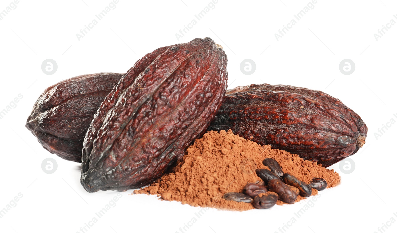 Photo of Whole cocoa pods, powder and beans on white background