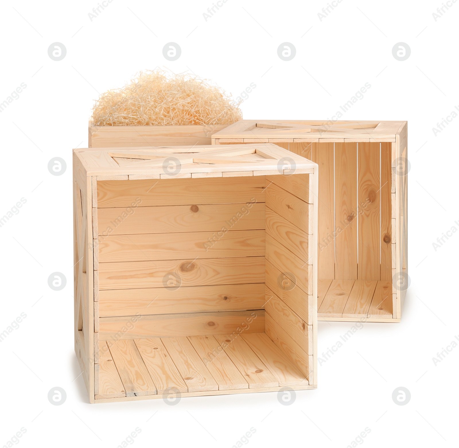 Photo of Wooden crates on white background. Shipping containers