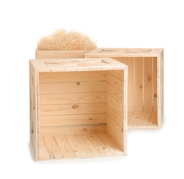 Photo of Wooden crates on white background. Shipping containers