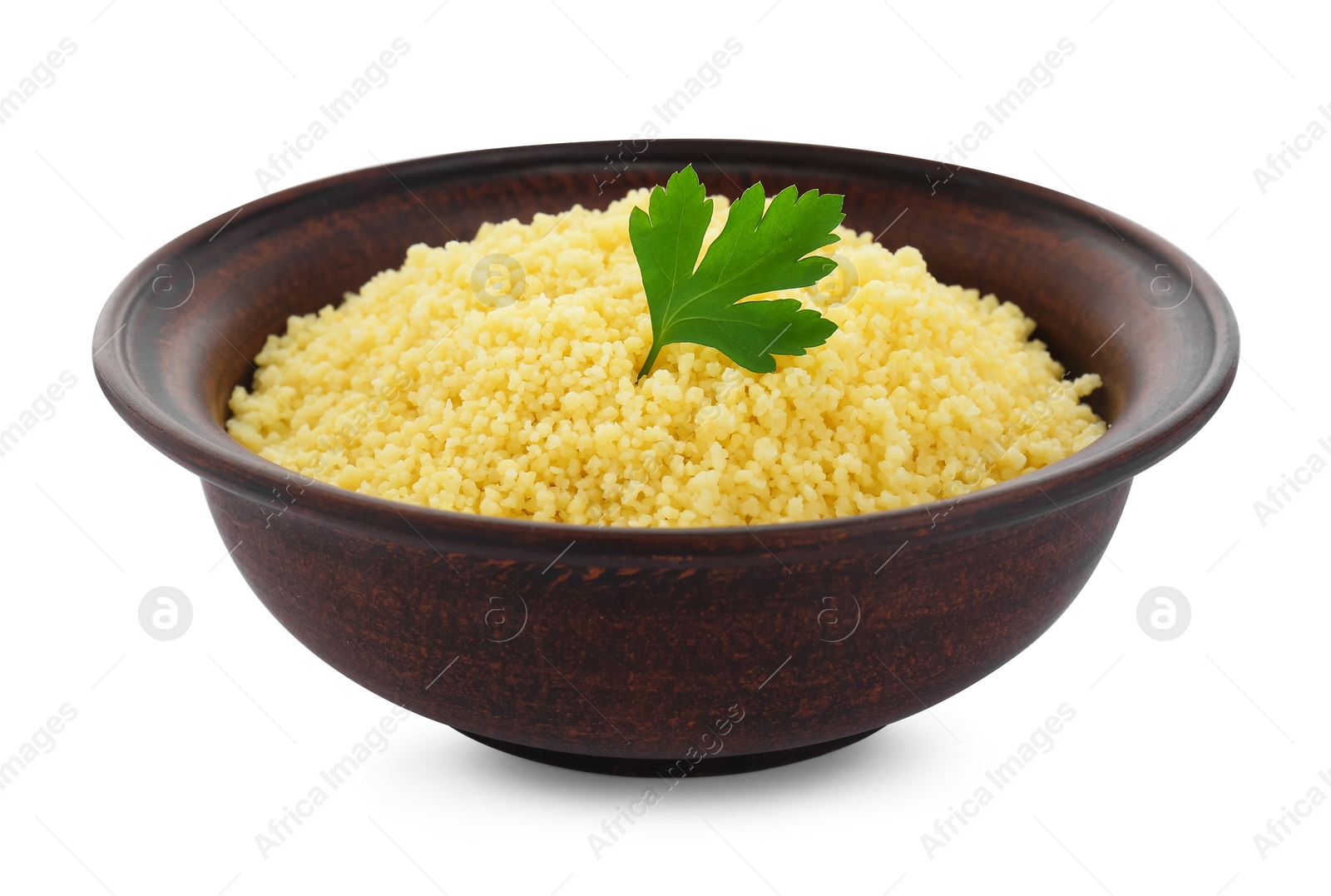 Photo of Tasty couscous with parsley on white background