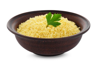 Tasty couscous with parsley on white background