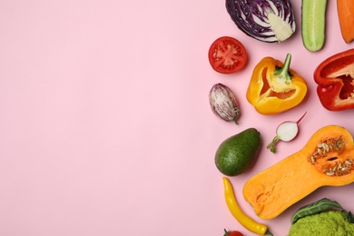 Photo of Flat lay composition with fresh ripe vegetables on color background. Space for text