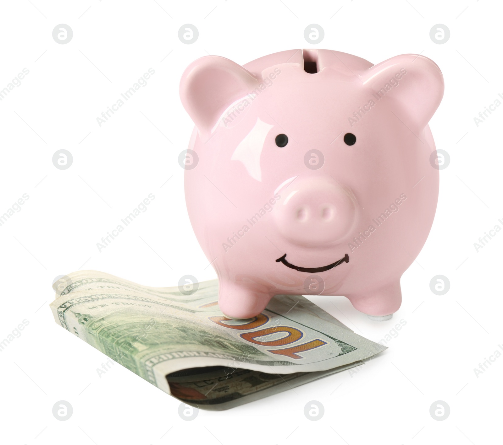 Photo of Piggy bank and money on white background