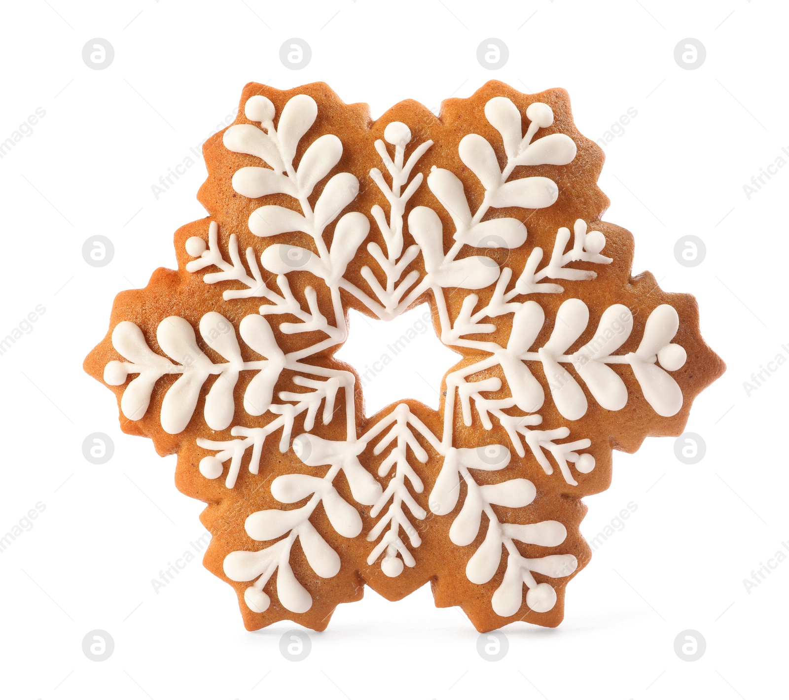 Photo of Snowflake shaped Christmas cookie isolated on white