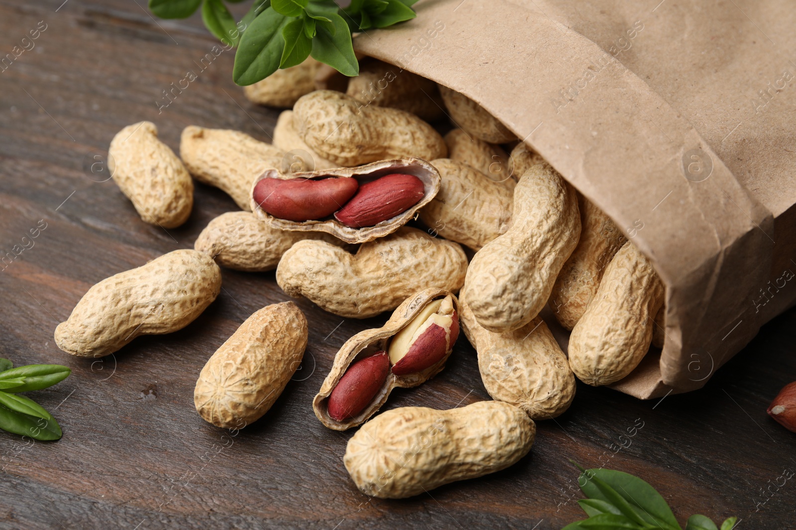 Photo of Paper bag with fresh peanuts and leaves on wooden table, closeup