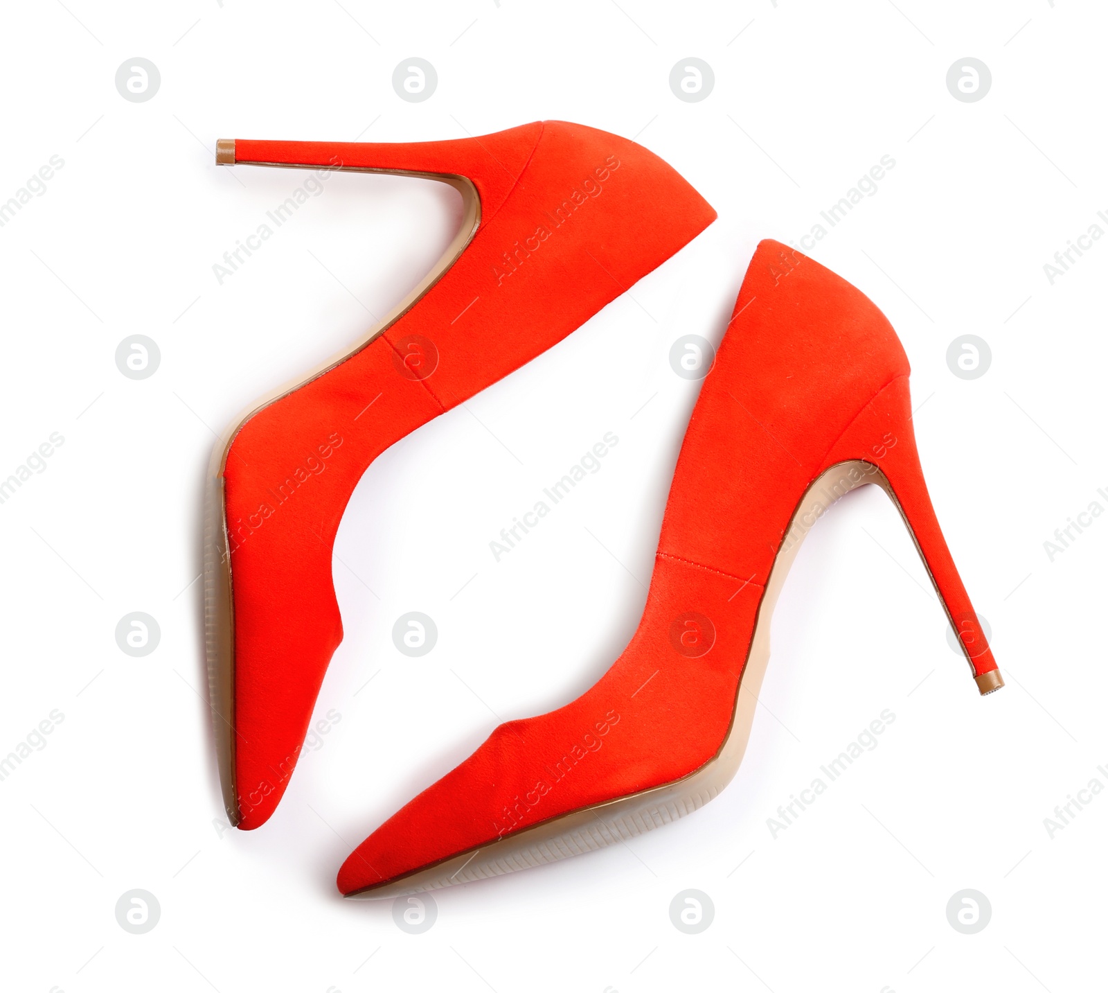 Photo of Stylish high heel shoes on white background, top view