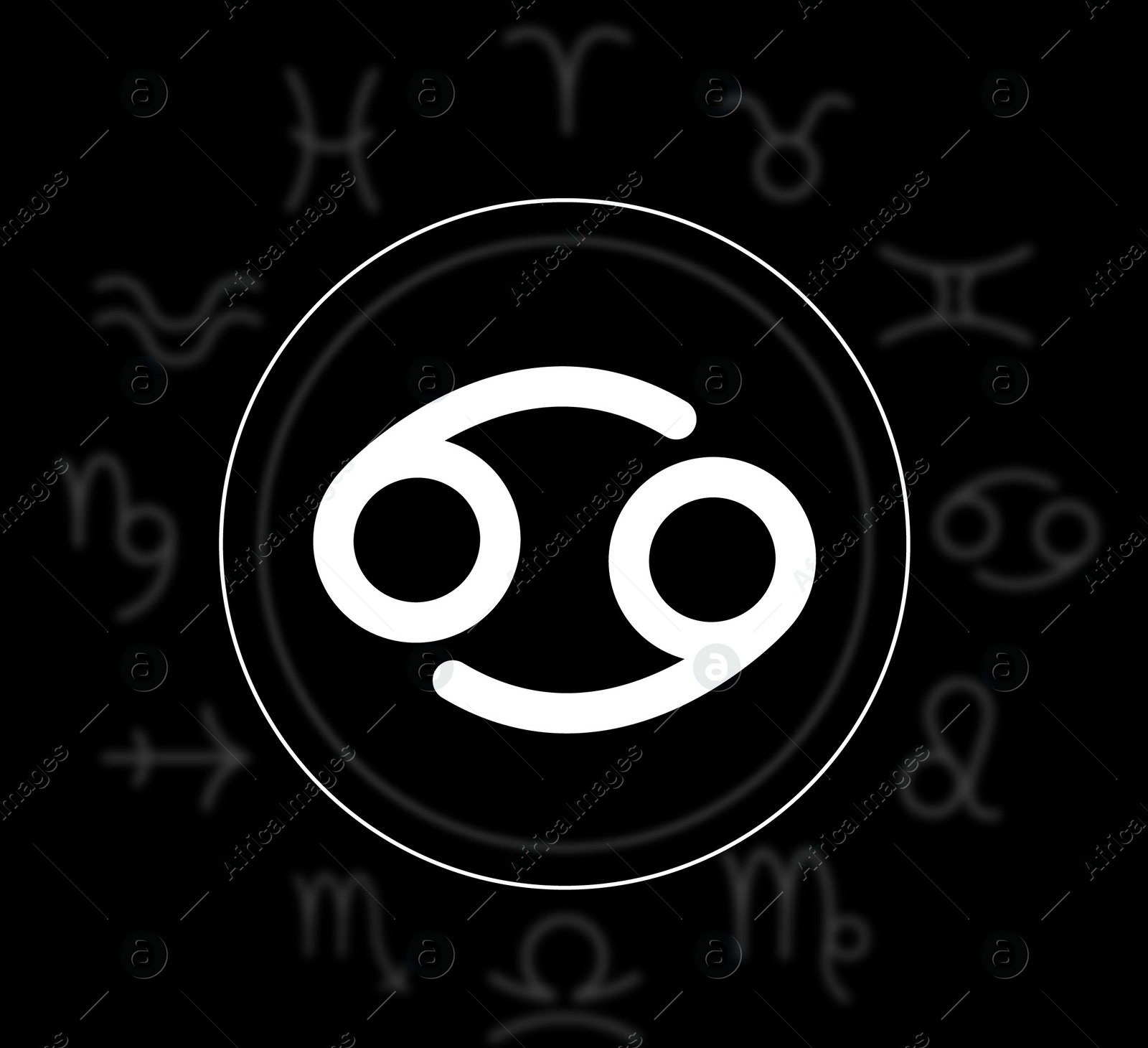 Illustration of Cancer astrological sign and zodiac wheel on black background. Illustration 