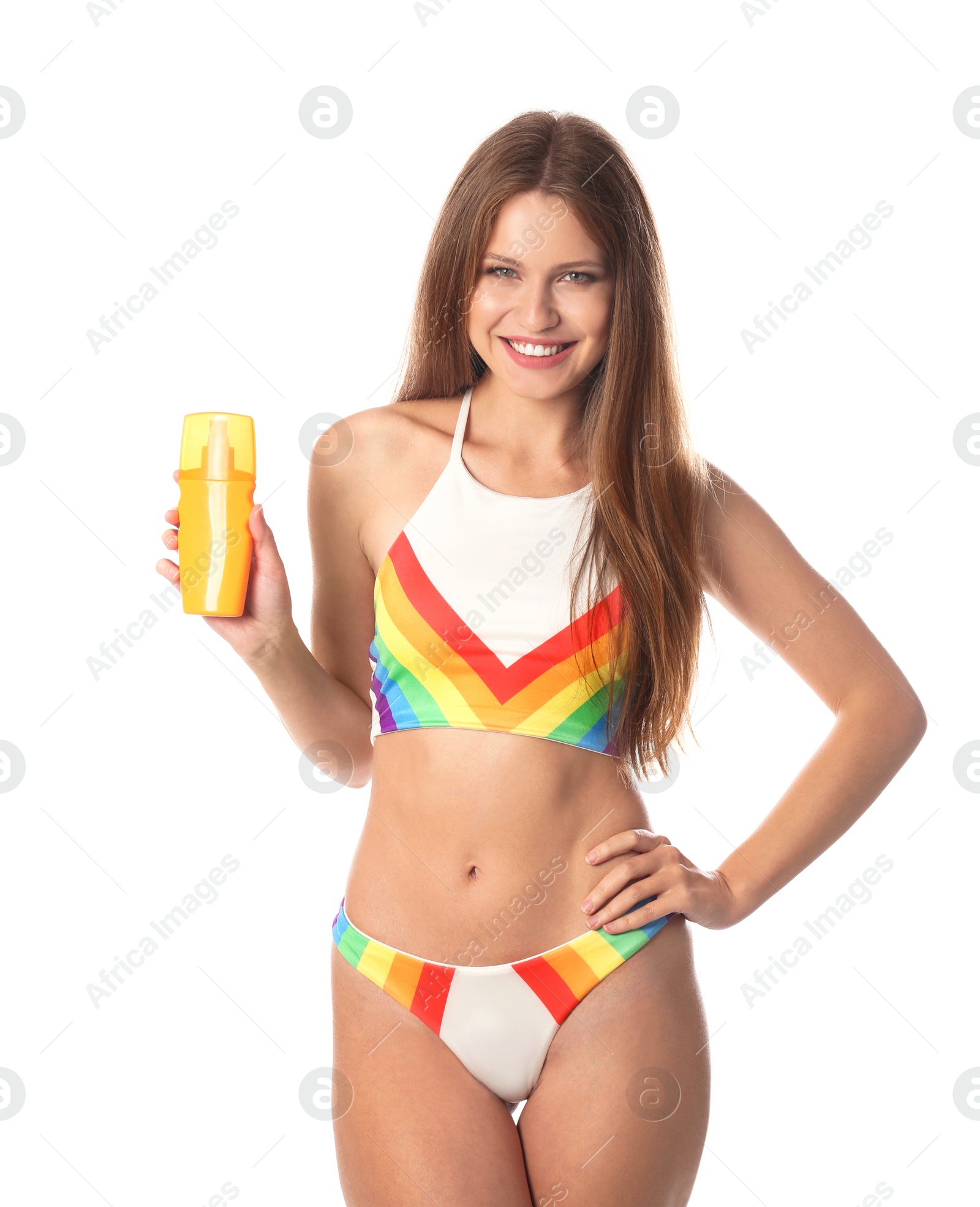 Photo of Woman with bottle of sun protection body cream on white background