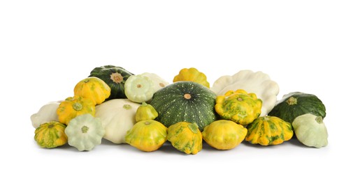 Photo of Fresh ripe pattypan squashes on white background