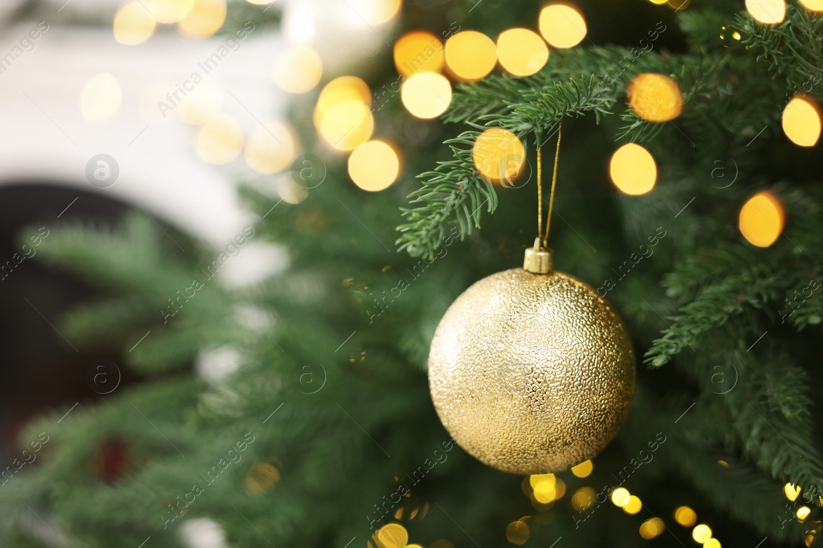 Photo of Christmas ball hanging on fir tree branch indoors, closeup. Space for text