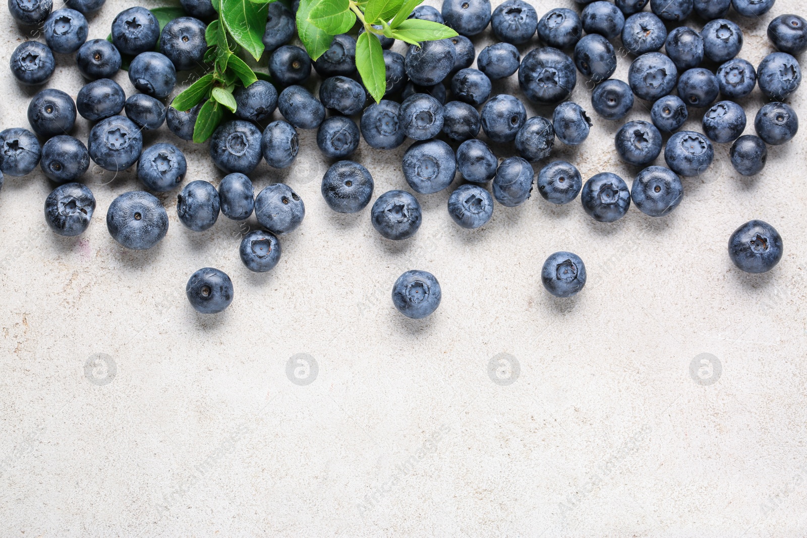 Photo of Tasty fresh blueberries and green leaves on light grey table, flat lay. Space for text