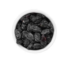 Bowl with raisins on white background, top view. Healthy dried fruit