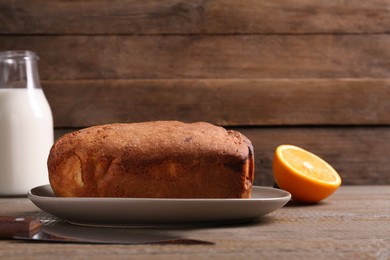 Fresh delicious cake served on wooden table