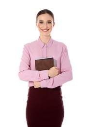 Photo of Portrait of young female teacher on white background