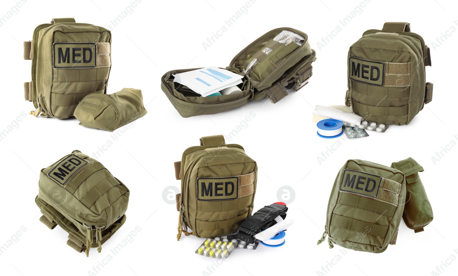 Image of Collage with military first aid kit on white background