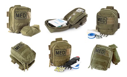 Collage with military first aid kit on white background