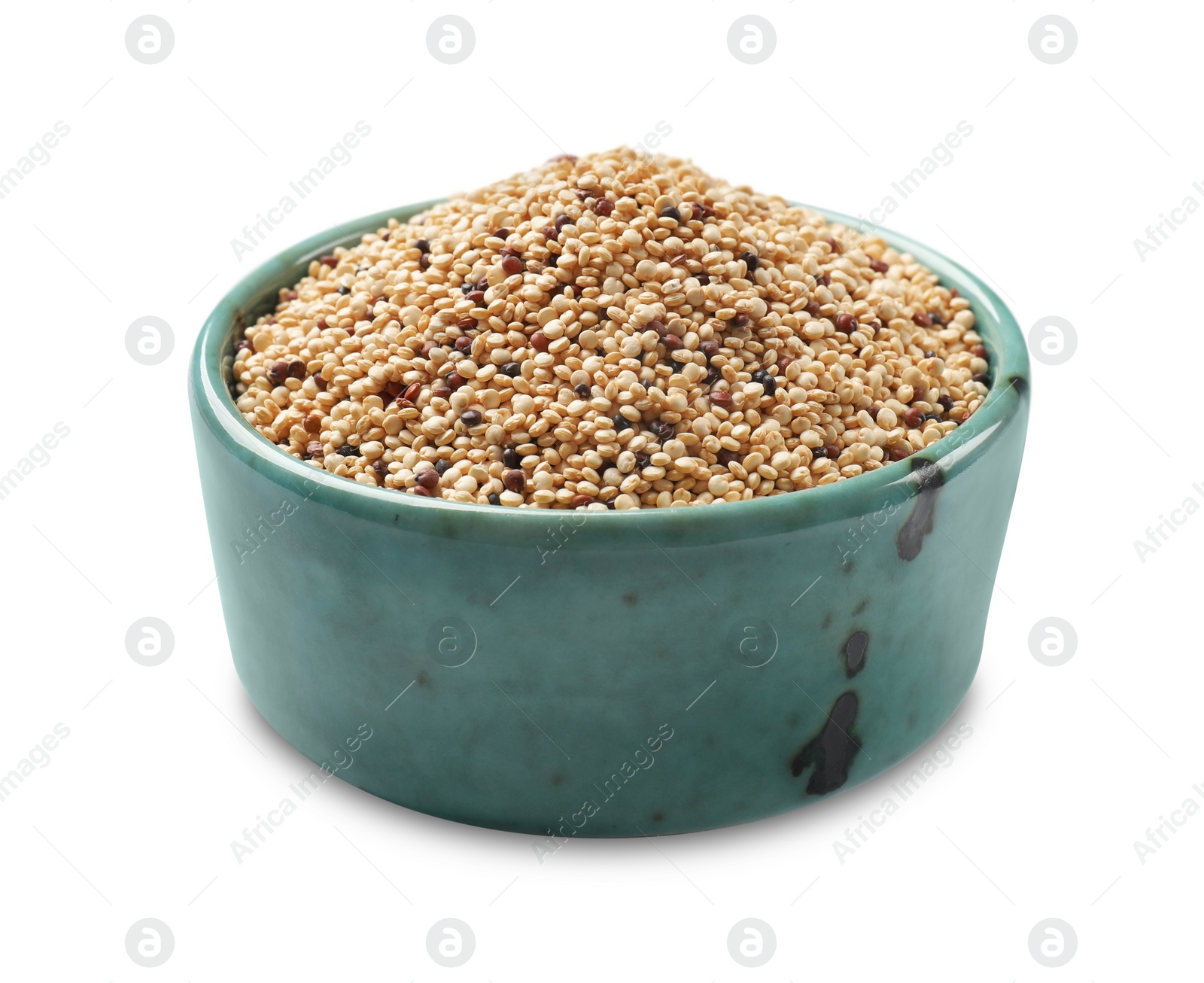 Photo of Raw quinoa seeds in bowl isolated on white