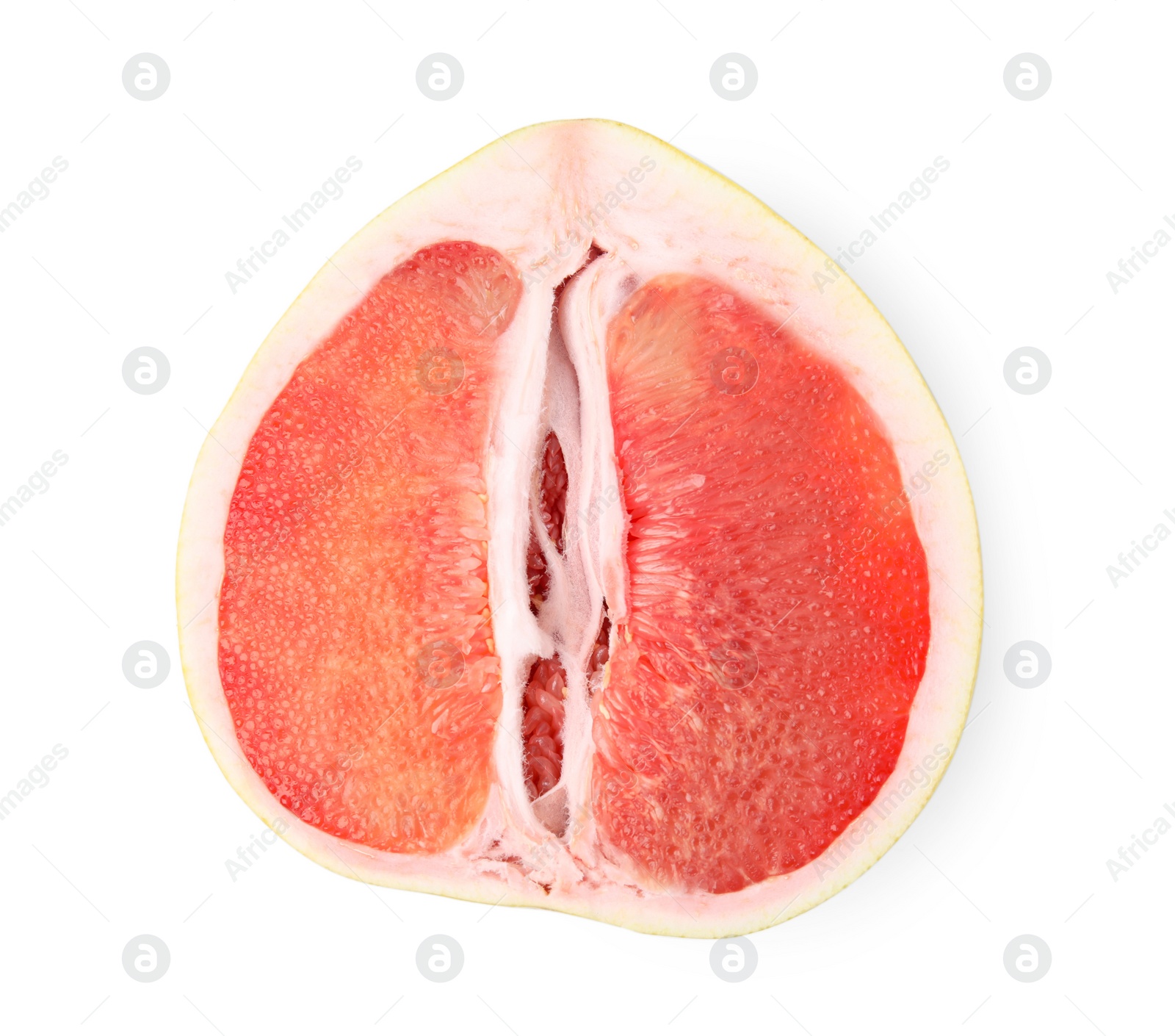 Photo of Half of tasty pomelo fruit isolated on white, top view