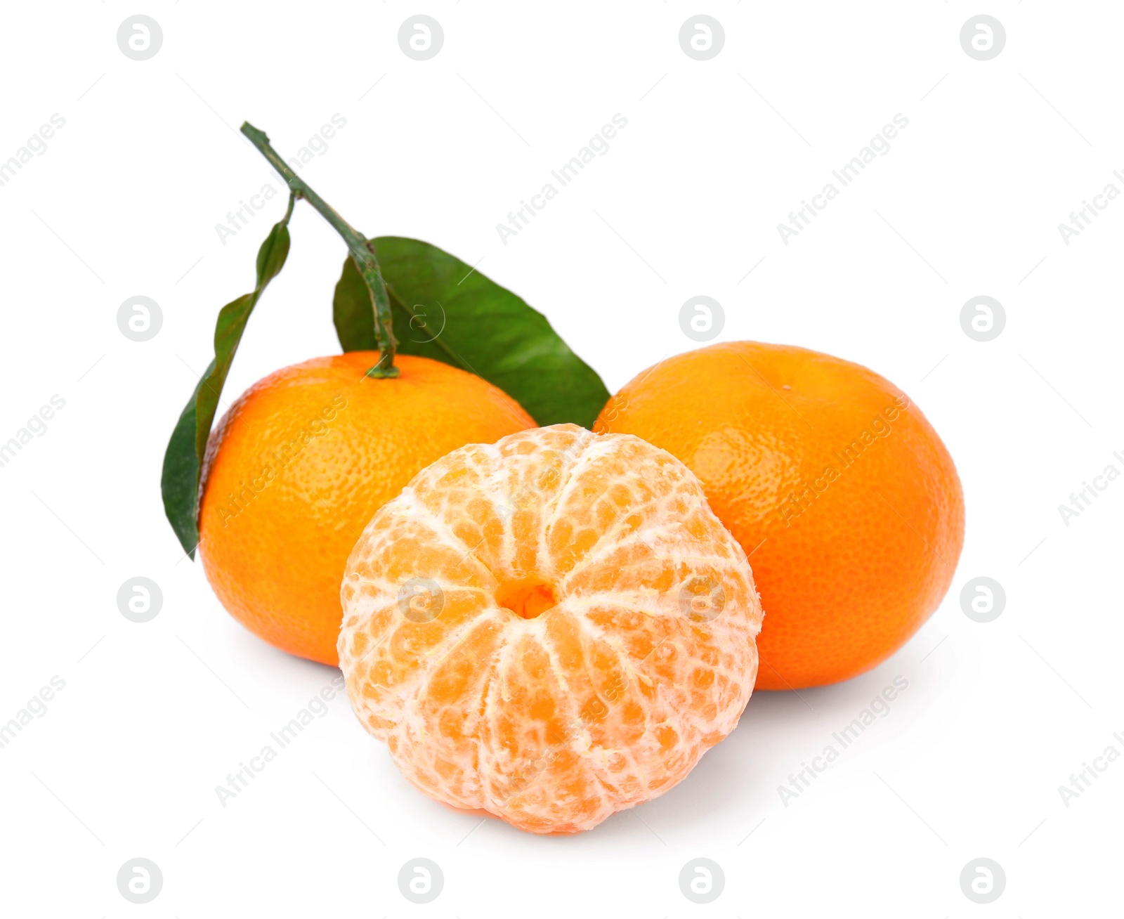 Photo of Fresh ripe juicy tangerines with green leaves on white background