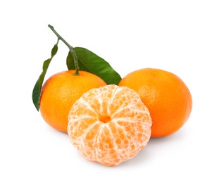 Photo of Fresh ripe juicy tangerines with green leaves on white background