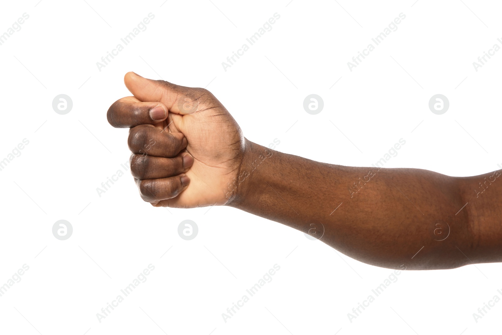 Photo of African-American man holding something in hand on white background, closeup