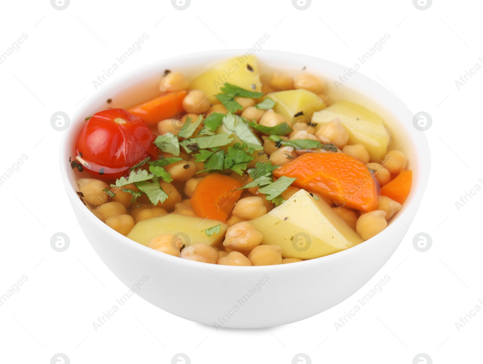 Photo of Tasty chickpea soup in bowl on white background