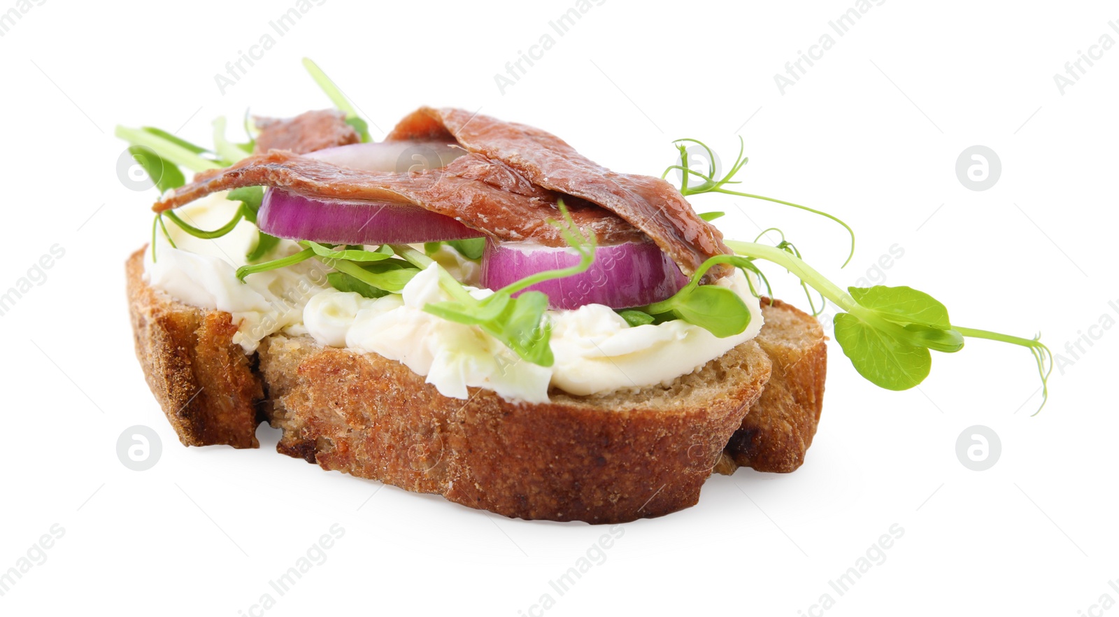 Photo of Delicious bruschetta with anchovies, cream cheese, red onion and greens isolated on white