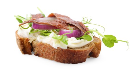 Photo of Delicious bruschetta with anchovies, cream cheese, red onion and greens isolated on white