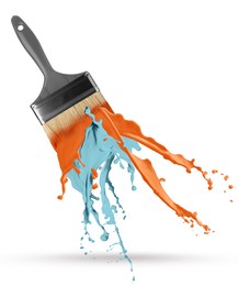 Image of Brush with splashing orange and light blue paints on white background