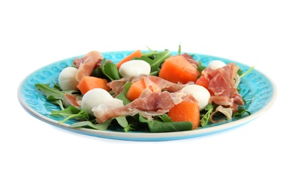 Photo of Fresh melon with prosciutto, mozzarella and arugula on white background