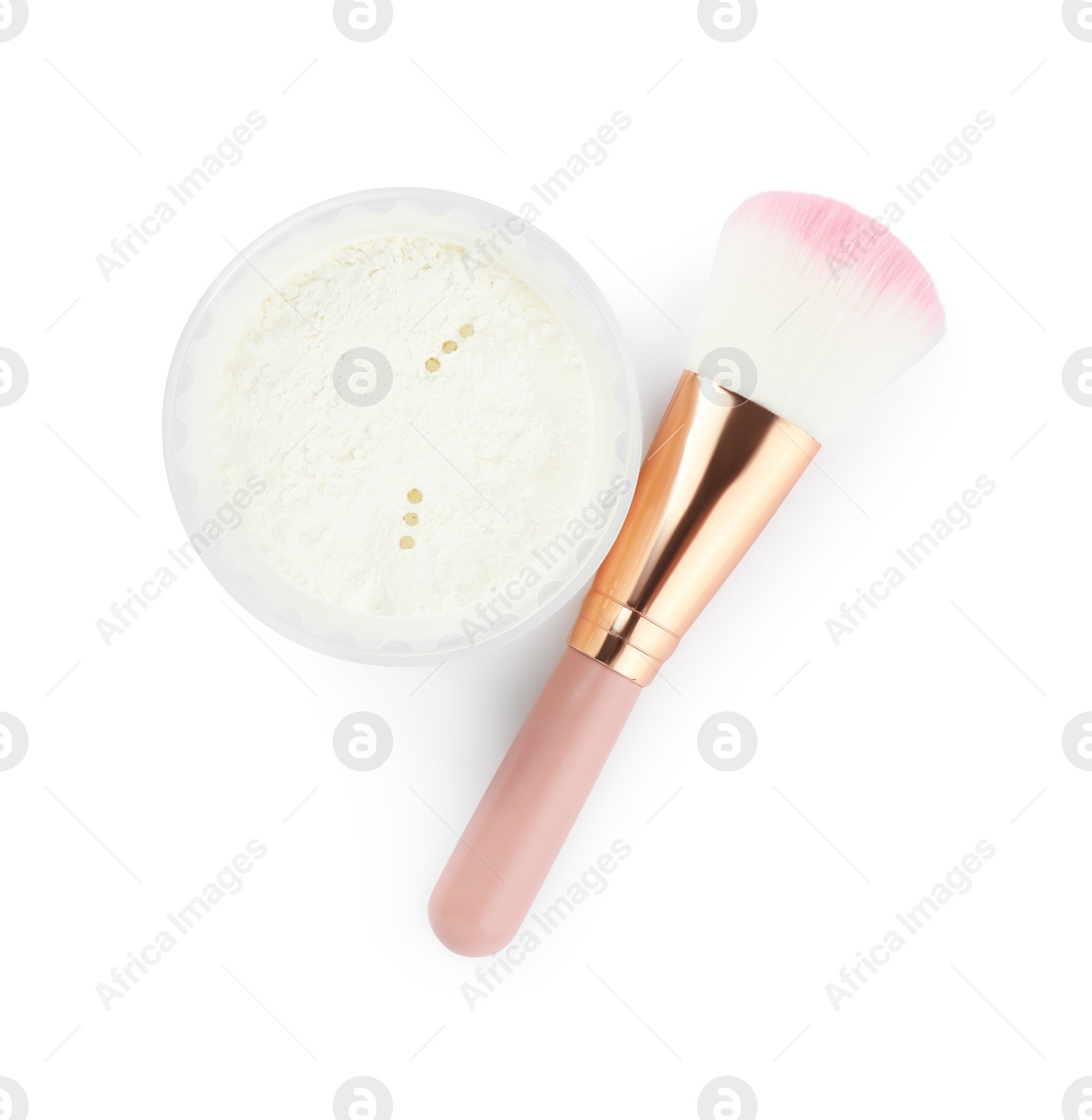 Photo of Rice loose face powder and makeup brush isolated on white, top view