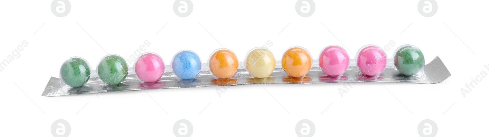 Photo of Package with many bright gumballs isolated on white