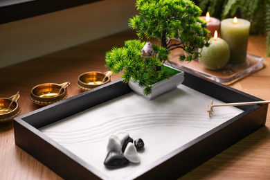 Beautiful miniature zen garden, candles and oil lamps on table