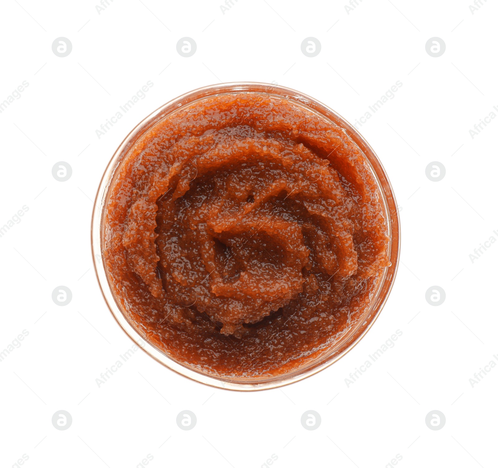 Photo of Bowl of brown body scrub isolated on white, top view