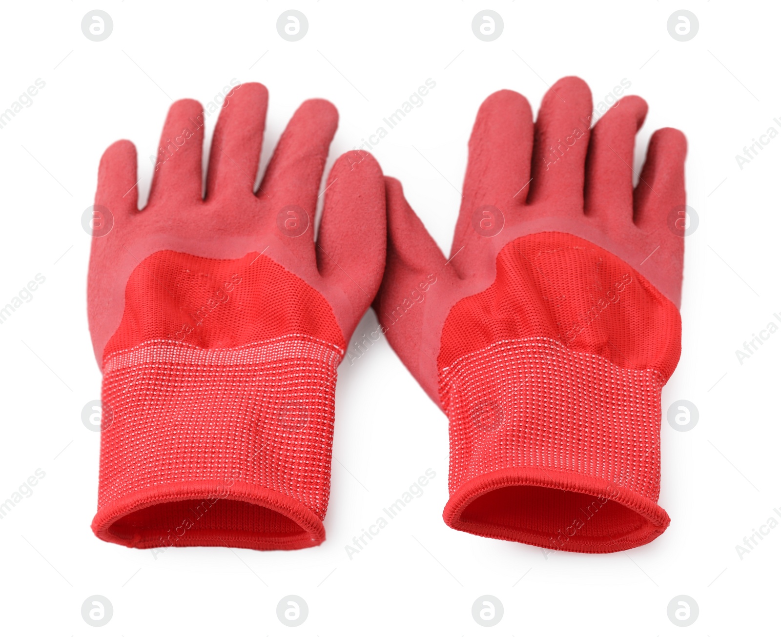 Photo of Pair of red gardening gloves isolated on white